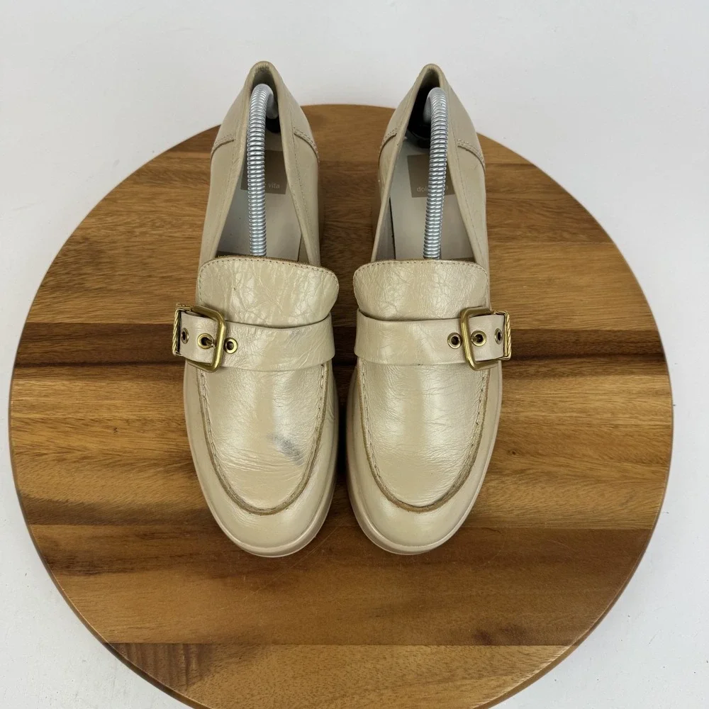 New Womens Dolce Vita Yonder Beige Leather‎ Platform Heeled Loafers Size 9.5 M